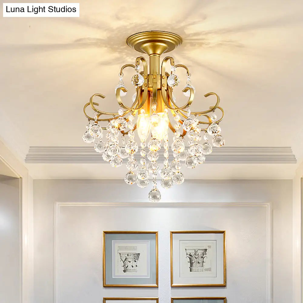 Contemporary Crystal Ball Semi Flush Light With 3 Gold/Black Lights Close To Ceiling