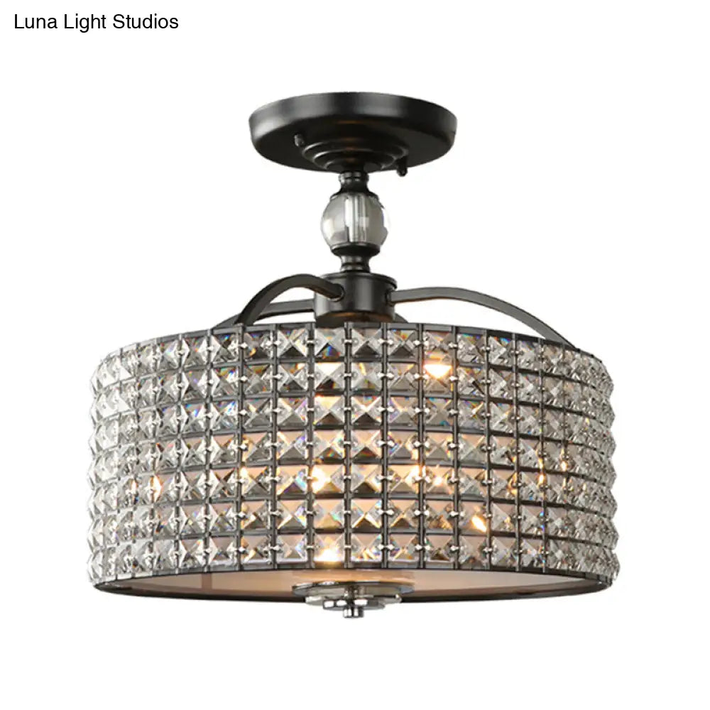 Contemporary Crystal Drum Ceiling Fixture - 3 Lights Chrome/Black Semi Flush Mount