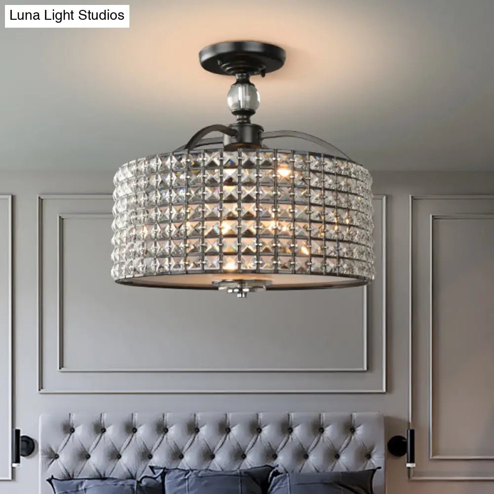 Contemporary Crystal Drum Ceiling Fixture - 3 Lights Chrome/Black Semi Flush Mount