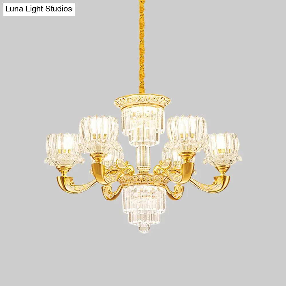 Contemporary Crystal Rectangle Chandelier - Gold Lotus Suspension Light With 6/8 Bulbs For Living
