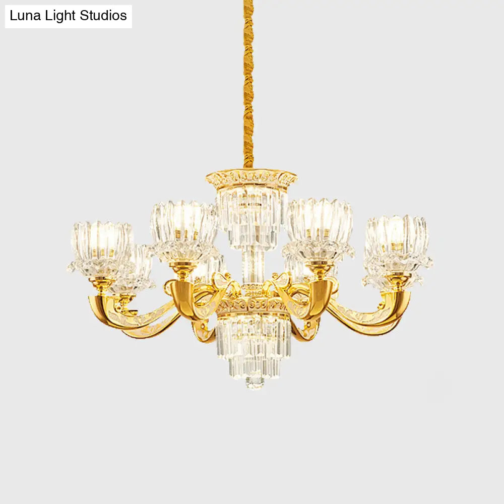 Contemporary Crystal Rectangle Chandelier - Gold Lotus Suspension Light With 6/8 Bulbs For Living