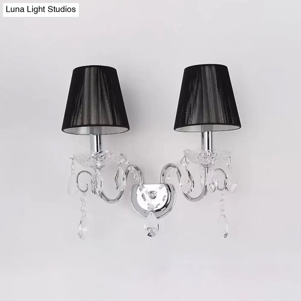 Contemporary Crystal Wall Sconce With Gathered Fabric Shade - 2 Bulb Light Fixture For Living Room