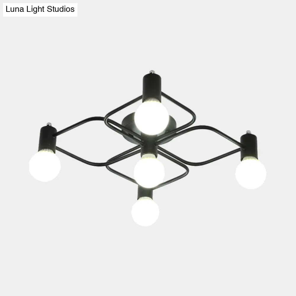 Contemporary Diamond/Rectangular Semi Flush Mount Light - 5/7/9 Lights White/Black Led Milk Glass
