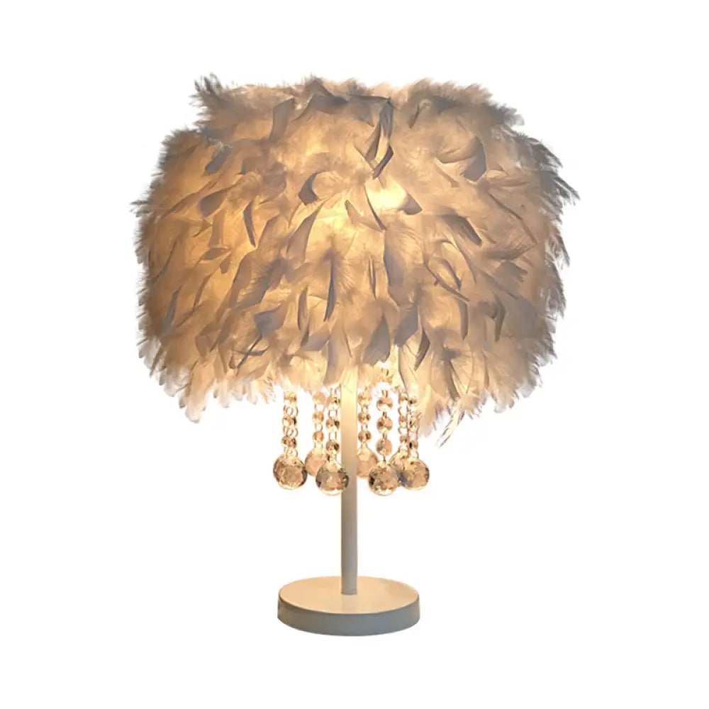 Contemporary Feather Round Night Stand Lamp With Crystal Drop And White/Chrome Base -