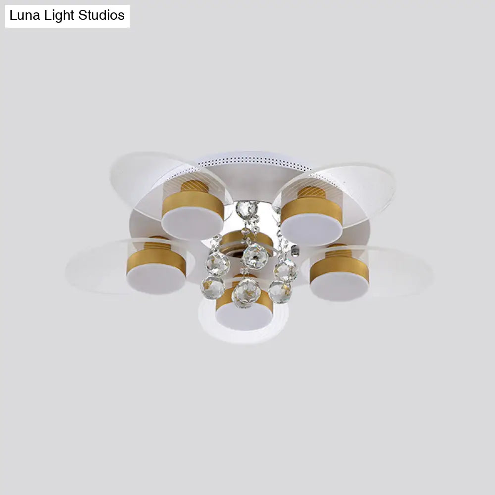 Contemporary Floral Crystal Flush Light With 5 Led Bulbs - White Ceiling Lighting Clear Glass Panel