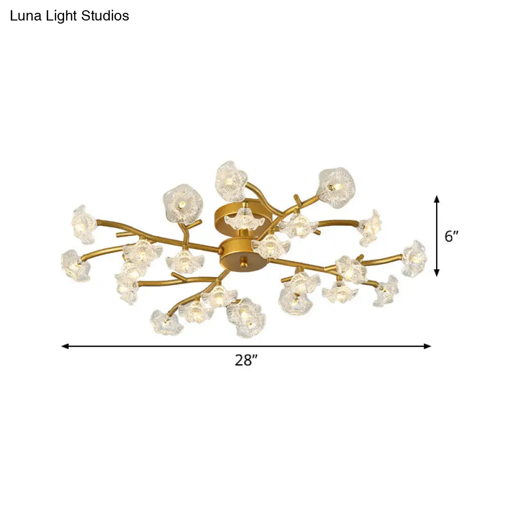 Contemporary Floral Semi Flushmount Ceiling Lamp In Brass - 24 - Light Metallic Flush For Bedroom