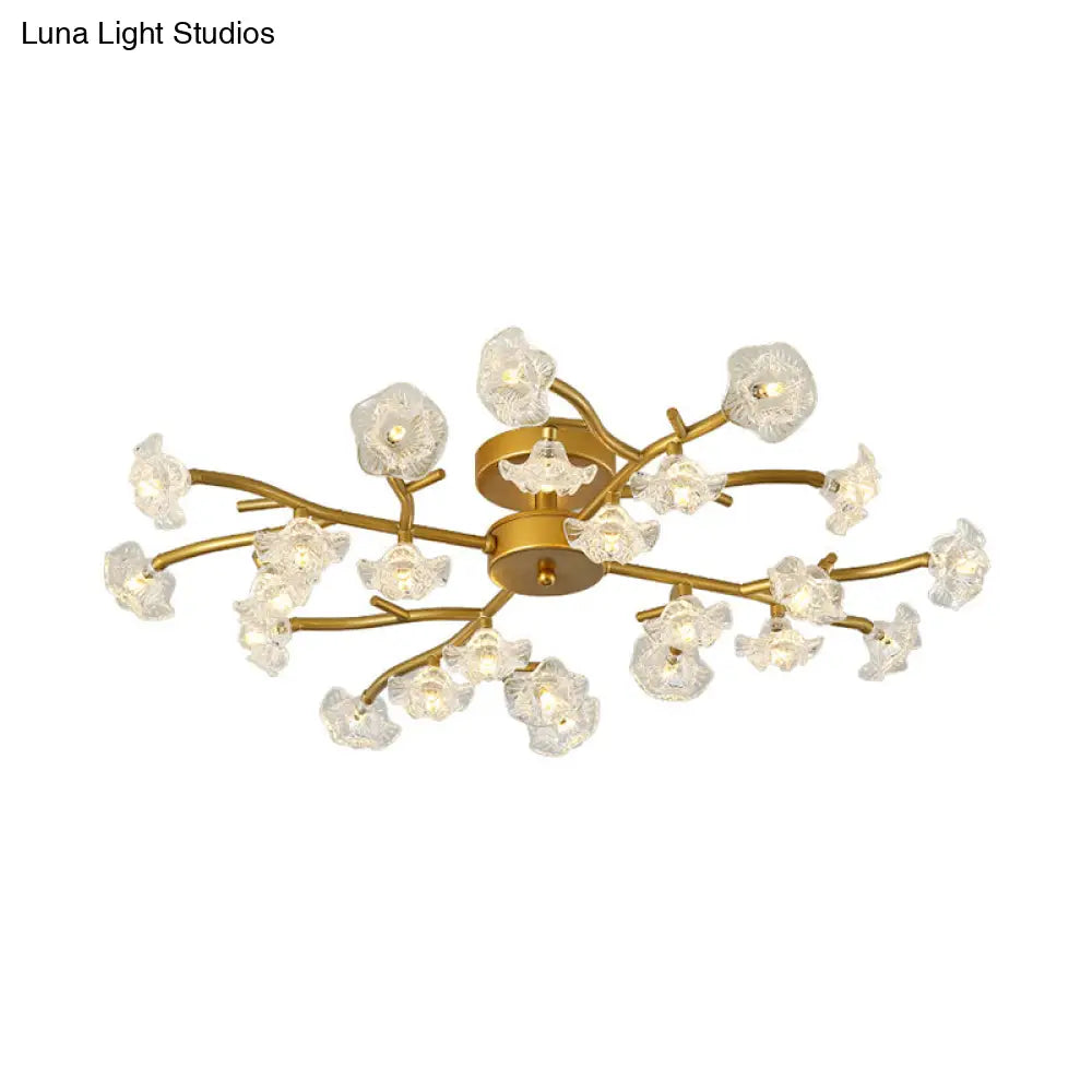 Contemporary Floral Semi Flushmount Ceiling Lamp In Brass - 24 - Light Metallic Flush For Bedroom