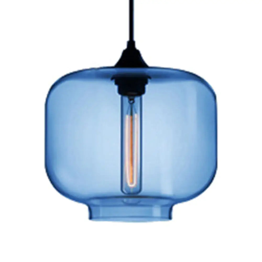 Contemporary Glass Hanging Lamp - Cylinder Shape 1 Light Red/Brown/Blue Dark Blue