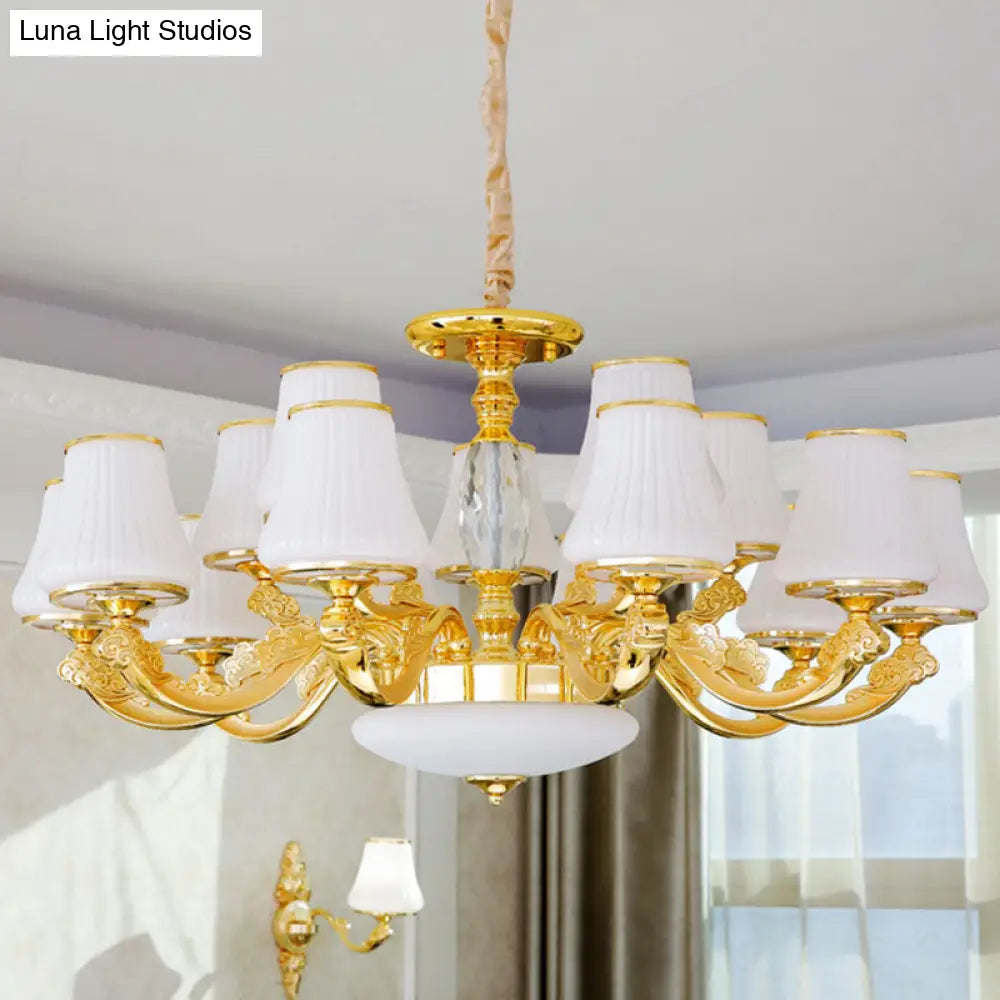 Contemporary Gold Chandelier With White Ribbed Glass Cone Ceiling Lamp