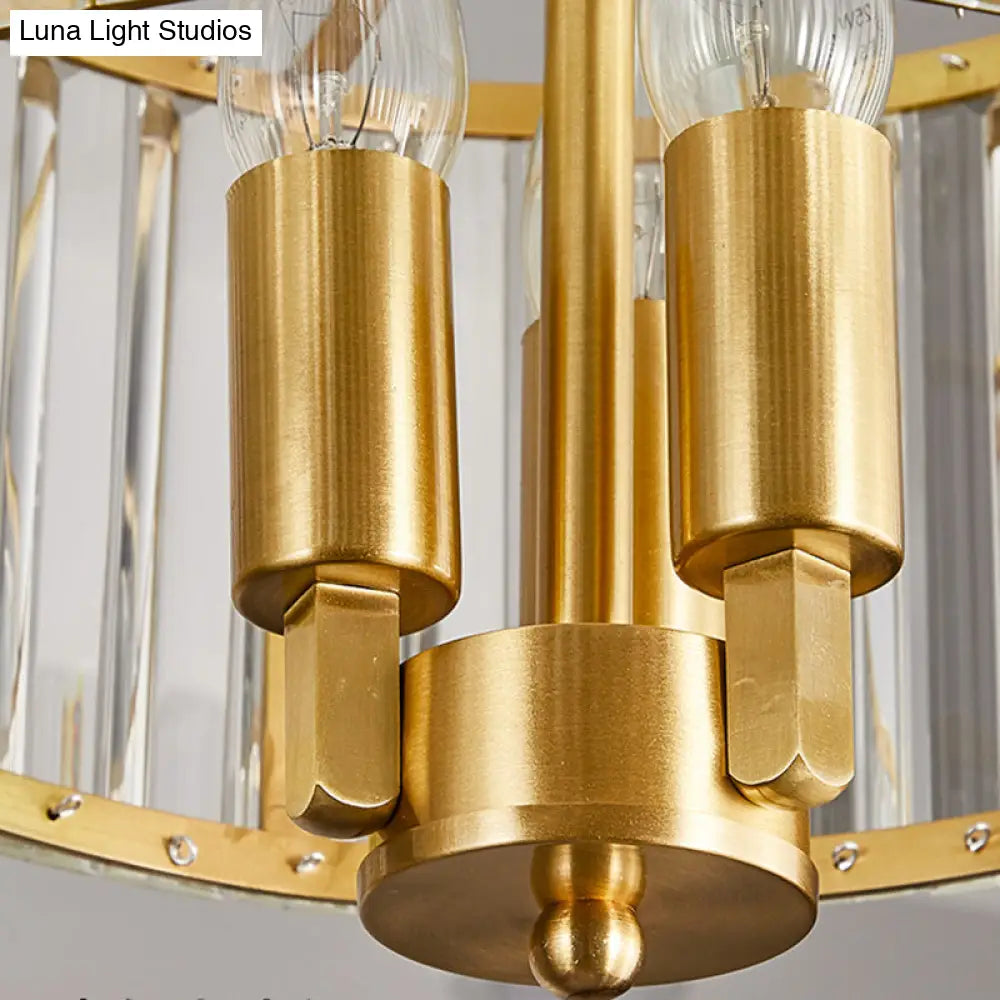 Contemporary Gold Drum Chandelier With Clear Crystal - 3/6/9 Head Suspension Light For Living Room