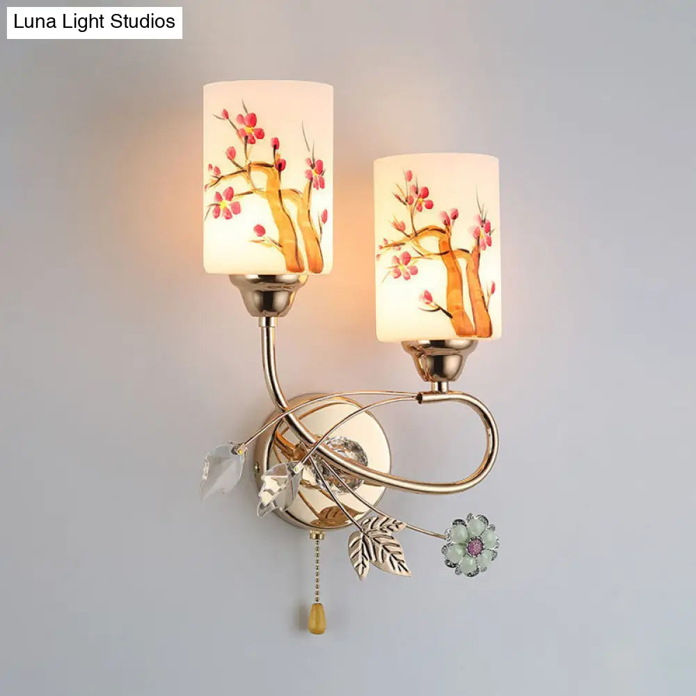 Contemporary Gold Finish Wall Lamp With Cream Glass Shade & Pull Chain