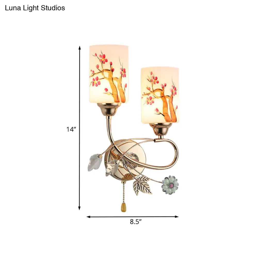 Contemporary Gold Finish Wall Lamp With Cream Glass Shade & Pull Chain