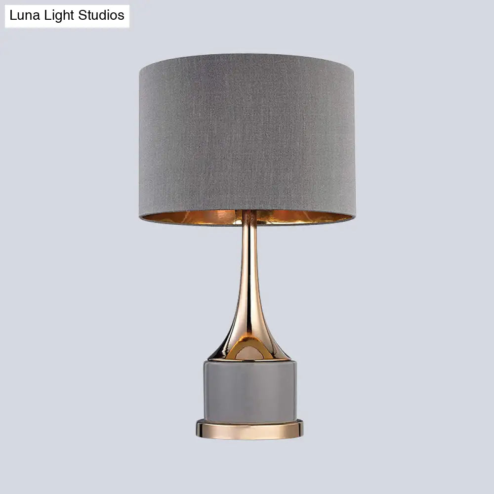 Contemporary Grey/White Cylinder Night Table Light - Fabric Nightstand Lighting For Living Room