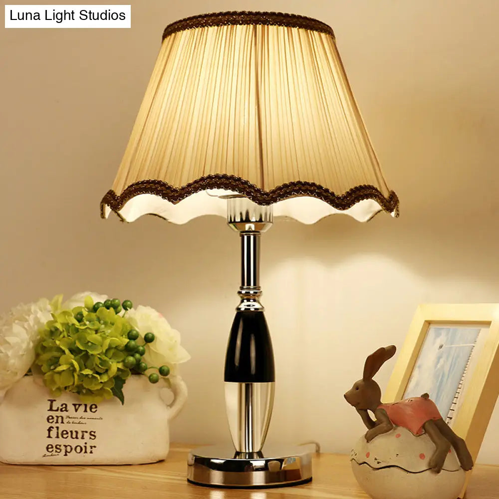 Contemporary K9 Crystal Scalloped Nightstand Lamp: 1-Bulb Beige Night Table Lighting