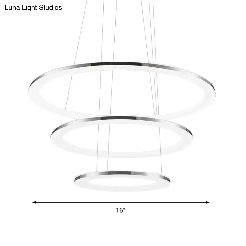 Contemporary Led Acrylic Round Ceiling Pendant Chandelier - 1/2/3-Head Silver Warm/White Light