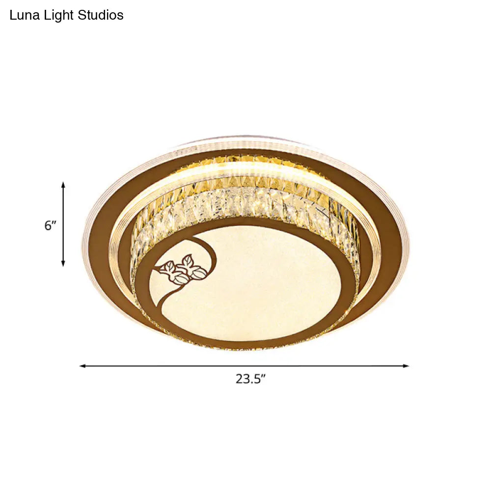 Contemporary Led Crystal Ceiling Light - Chrome Drum Flush Mount For Bedroom