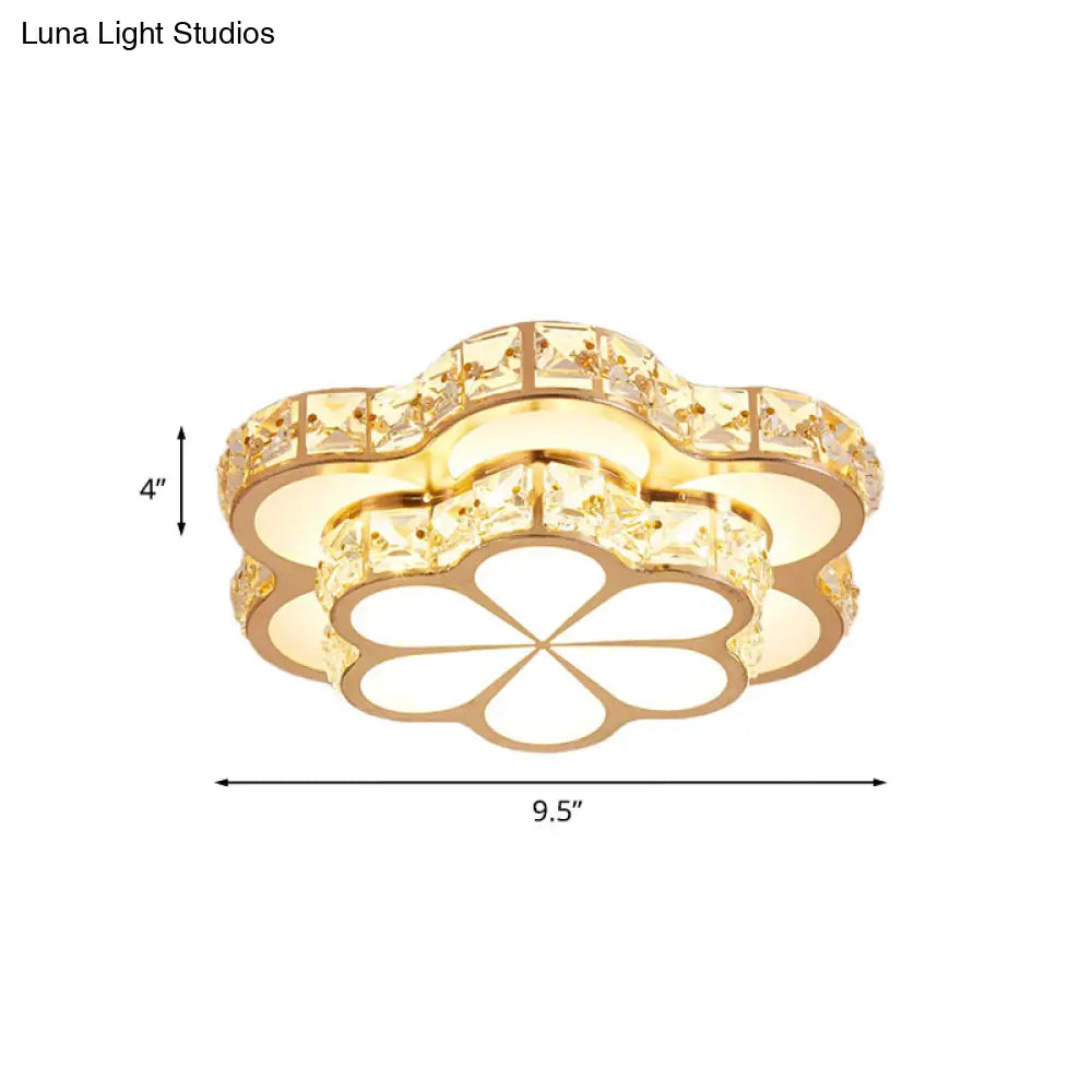 Contemporary Led Crystal Drum/Flower Corridor Flushmount Ceiling Light - White/Gold Finish