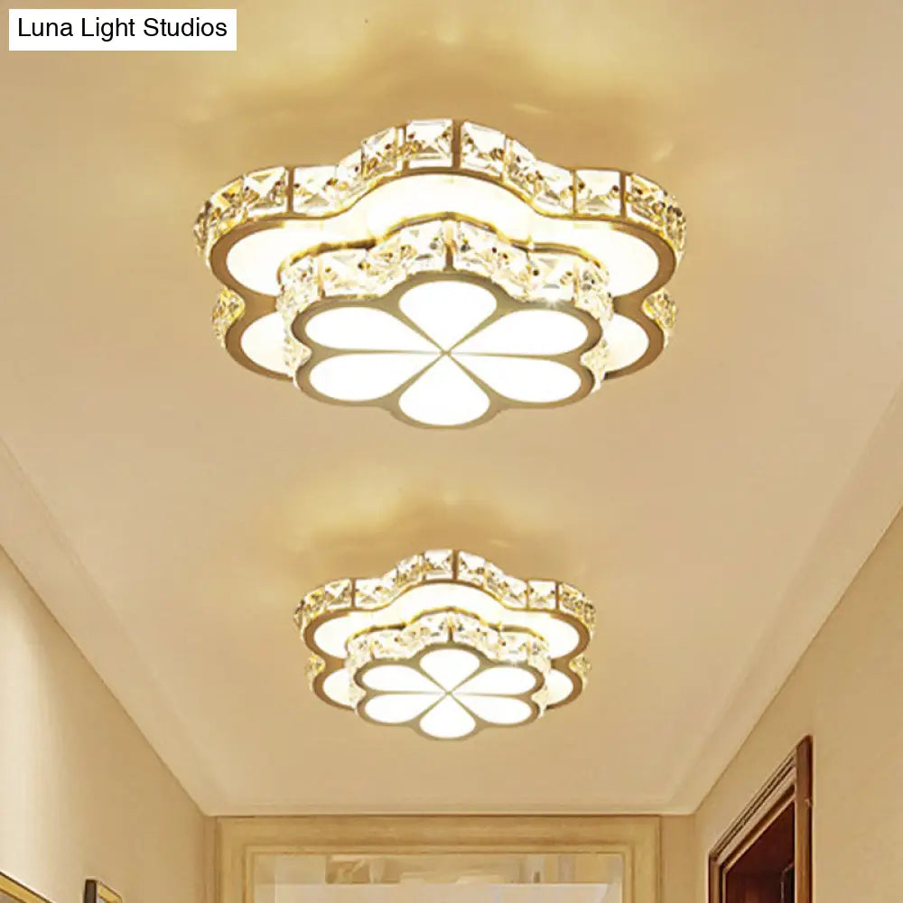 Contemporary Led Crystal Drum/Flower Corridor Flushmount Ceiling Light - White/Gold Finish