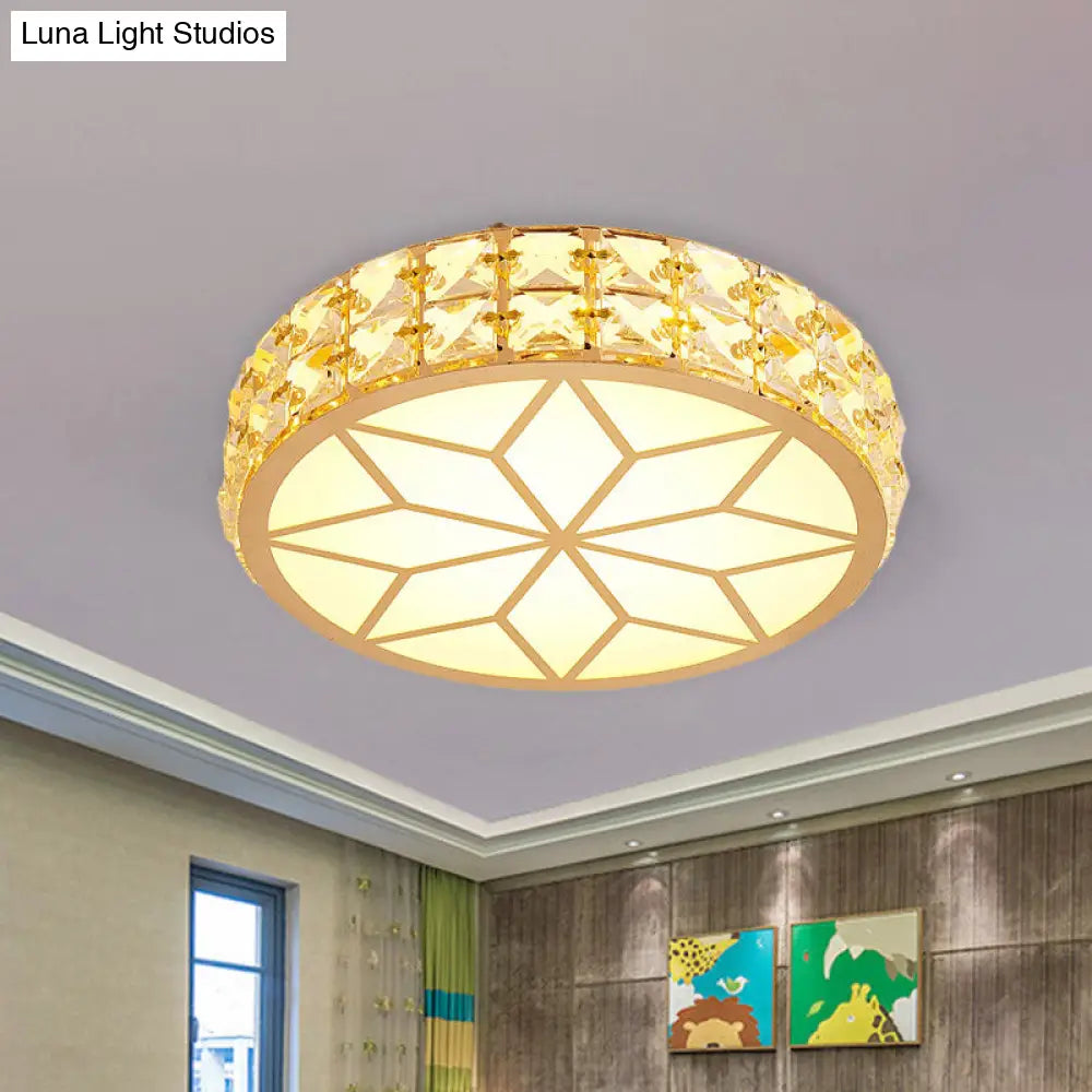 Contemporary Led Crystal Drum/Flower Corridor Flushmount Ceiling Light - White/Gold Finish