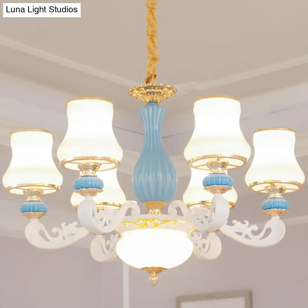 Contemporary Light Blue Pendant Chandelier For Living Room With White Glass Tapered Design