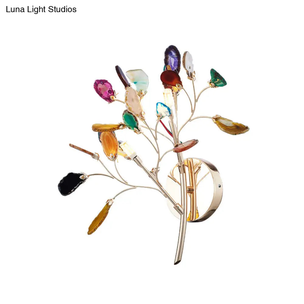 Contemporary Metallic Led Wall Mount Sconce With Agate Leaf Deco - Gold Finish