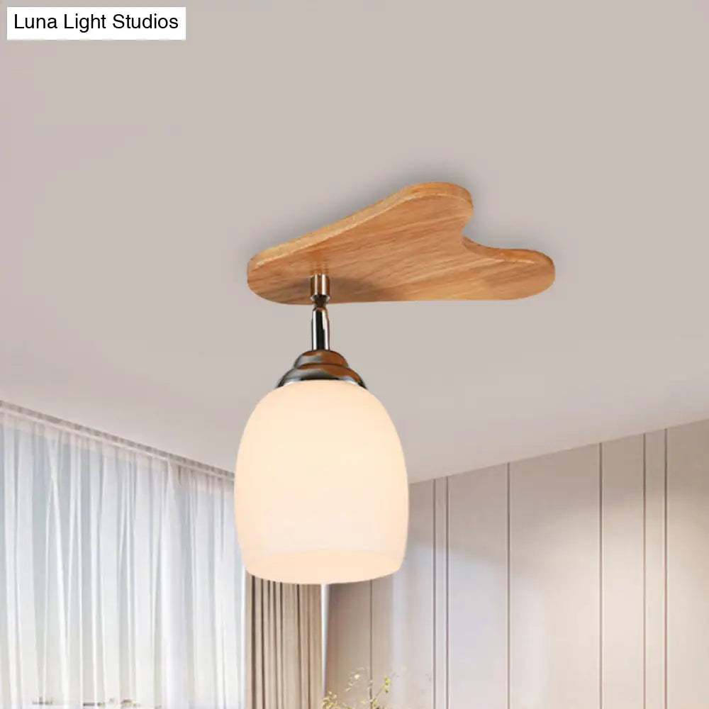 Contemporary Milk Glass Flush Mount Lamp With Wood Canopy - 1/3/4 Lights Beige Finish