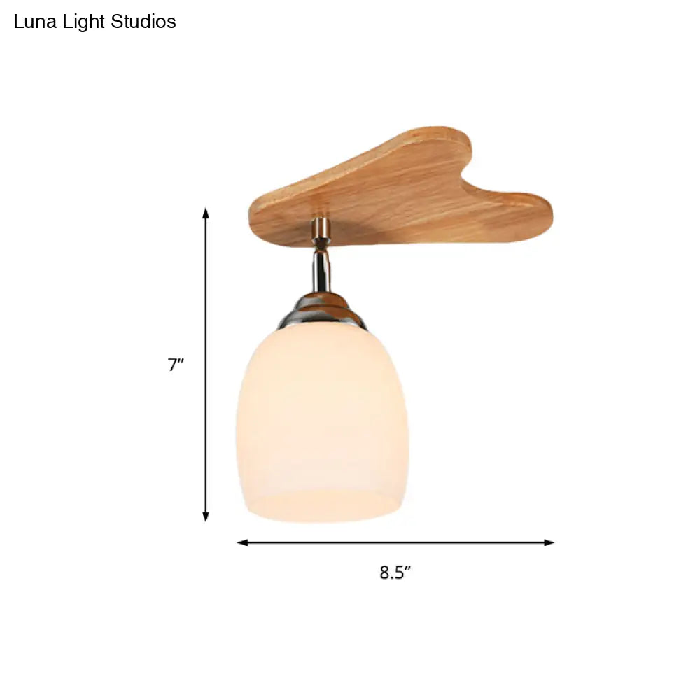 Contemporary Milk Glass Flush Mount Lamp With Wood Canopy - 1/3/4 Lights Beige Finish