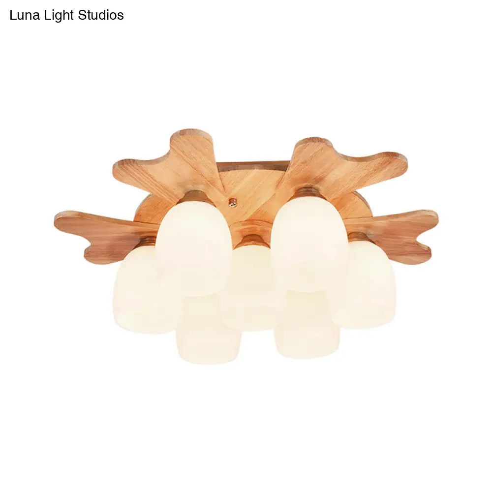 Contemporary Milk Glass Flush Mount Lamp With Wood Canopy - 1/3/4 Lights Beige Finish