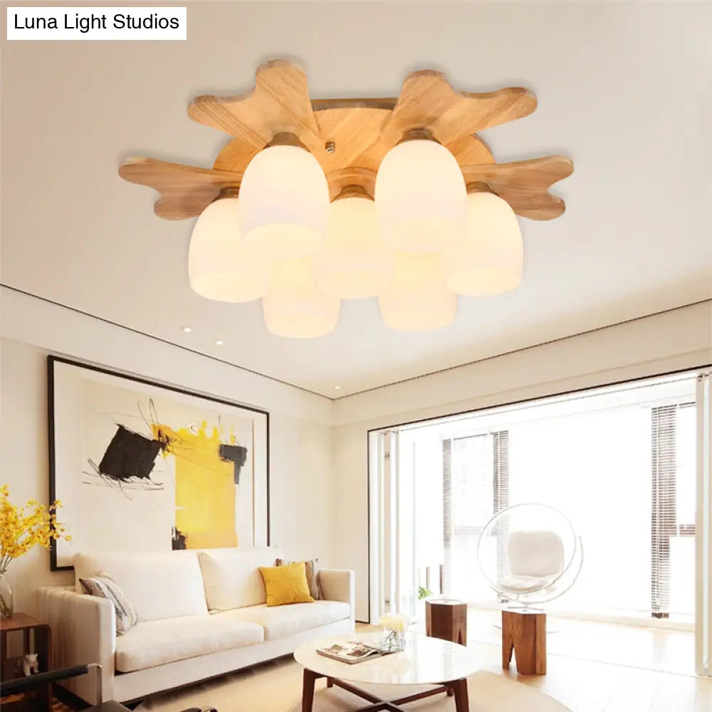 Contemporary Milk Glass Flush Mount Lamp With Wood Canopy - 1/3/4 Lights Beige Finish