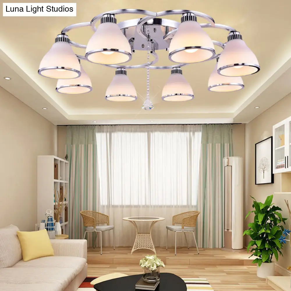Contemporary Opal Glass Semi Flush Light Crystal 8 - Light Mount In Chrome For Living Room