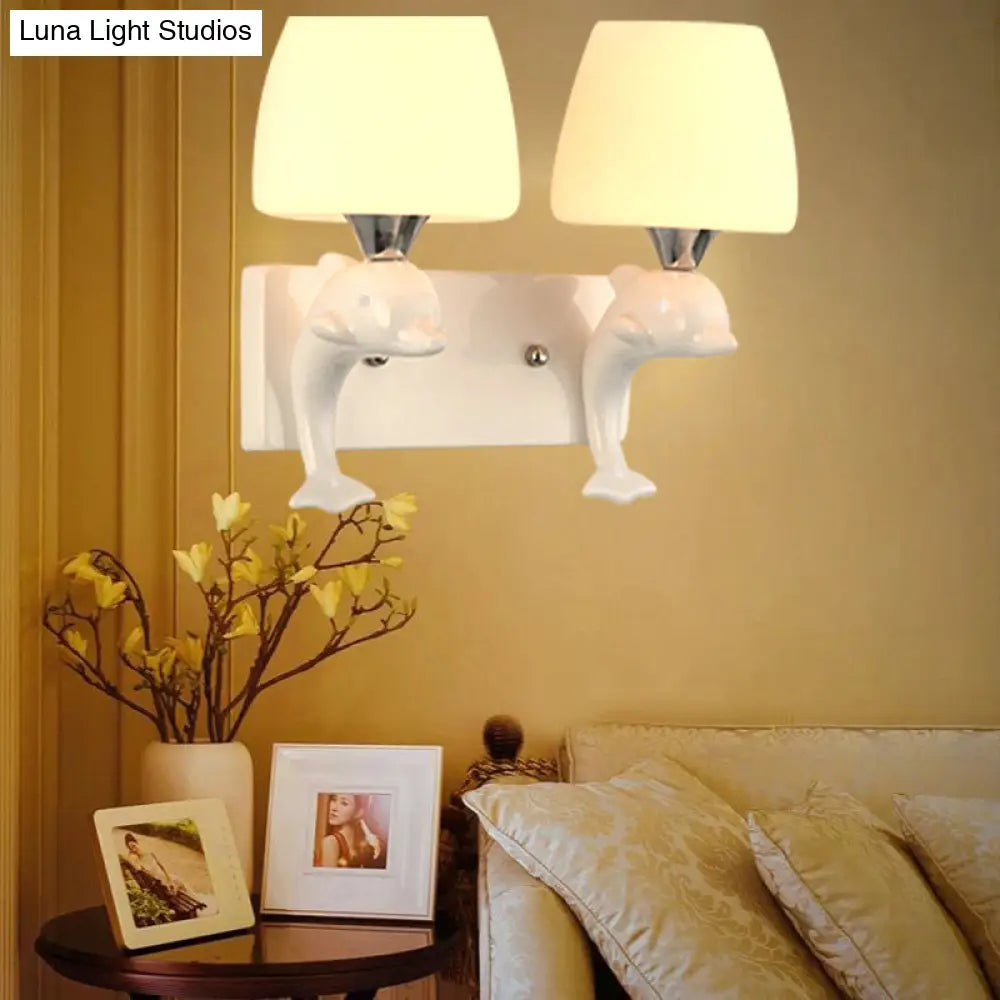 Contemporary Opal Glass Wall Light With Dolphin Decor - Tapered Shape 2 Bulbs White Lighting Fixture