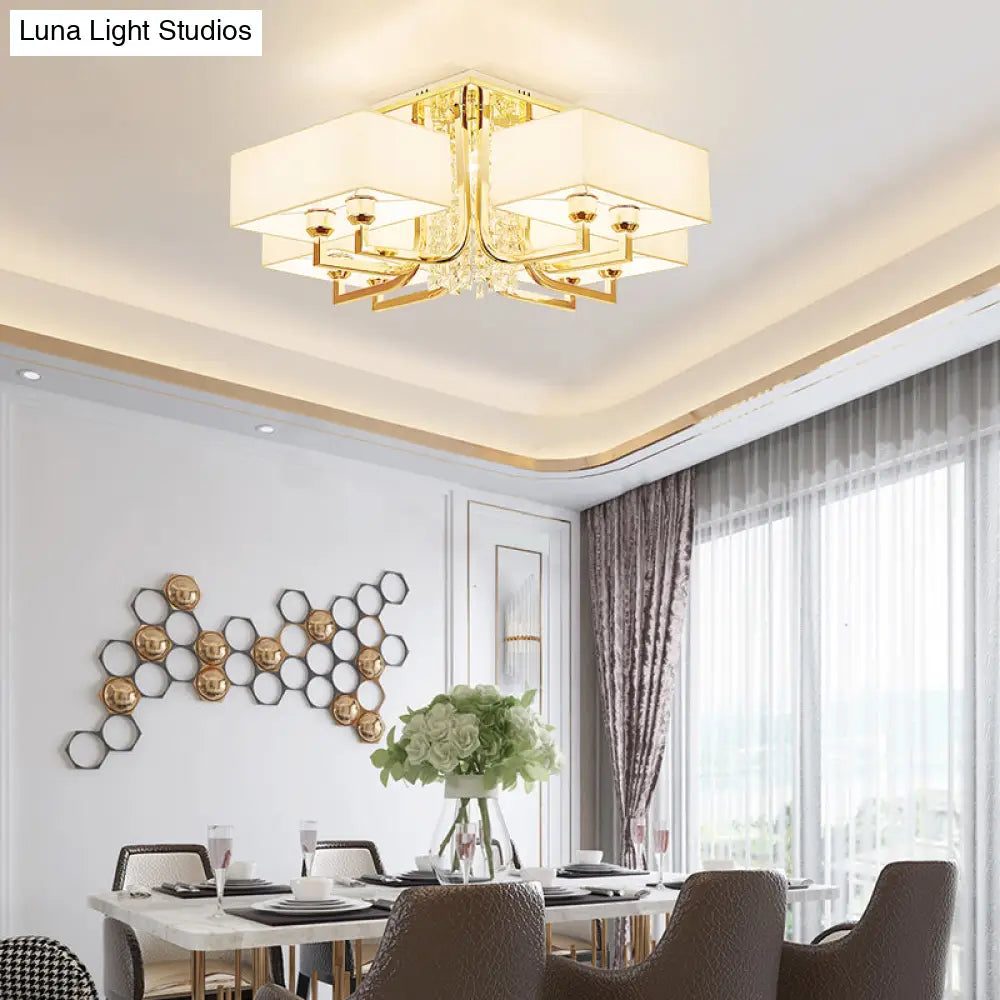 Contemporary Rectangle White Ceiling Light With Crystal Deco - Fabric And Metal Semi Mount Lighting