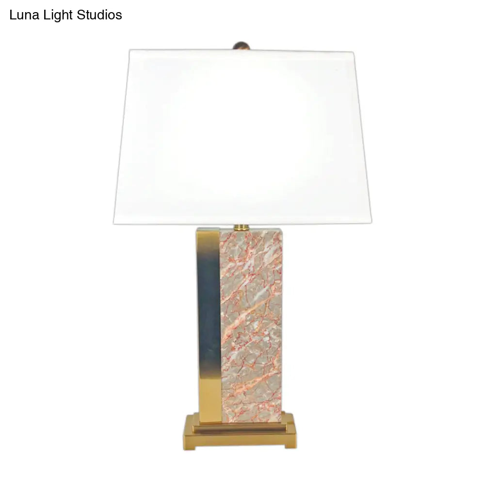 Contemporary Trapezoid Fabric Table Light - 1-Bulb White Night Lamp With Red Marble Base