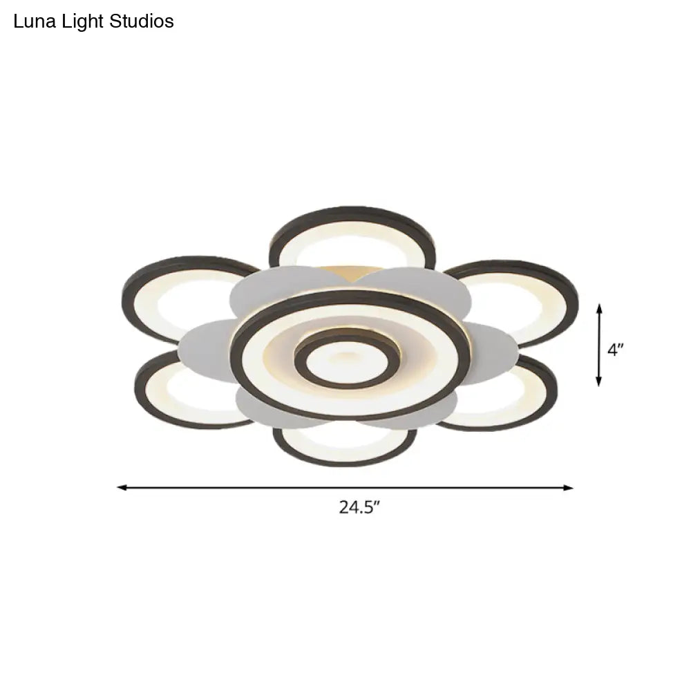 Contemporary White & Black Flower Flushmount Led Ceiling Light In White/Warm - 20.5’/24.5’ W