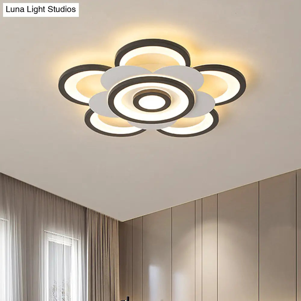 Contemporary White & Black Flower Flushmount Led Ceiling Light In White/Warm - 20.5’/24.5’ W