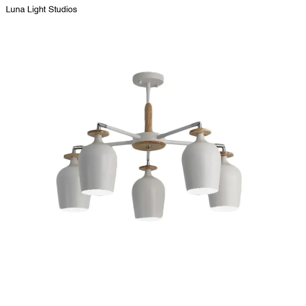 Contemporary Wine Glass Iron Semi Flush Mount Light With Wooden Cap - 5/10 Lights White