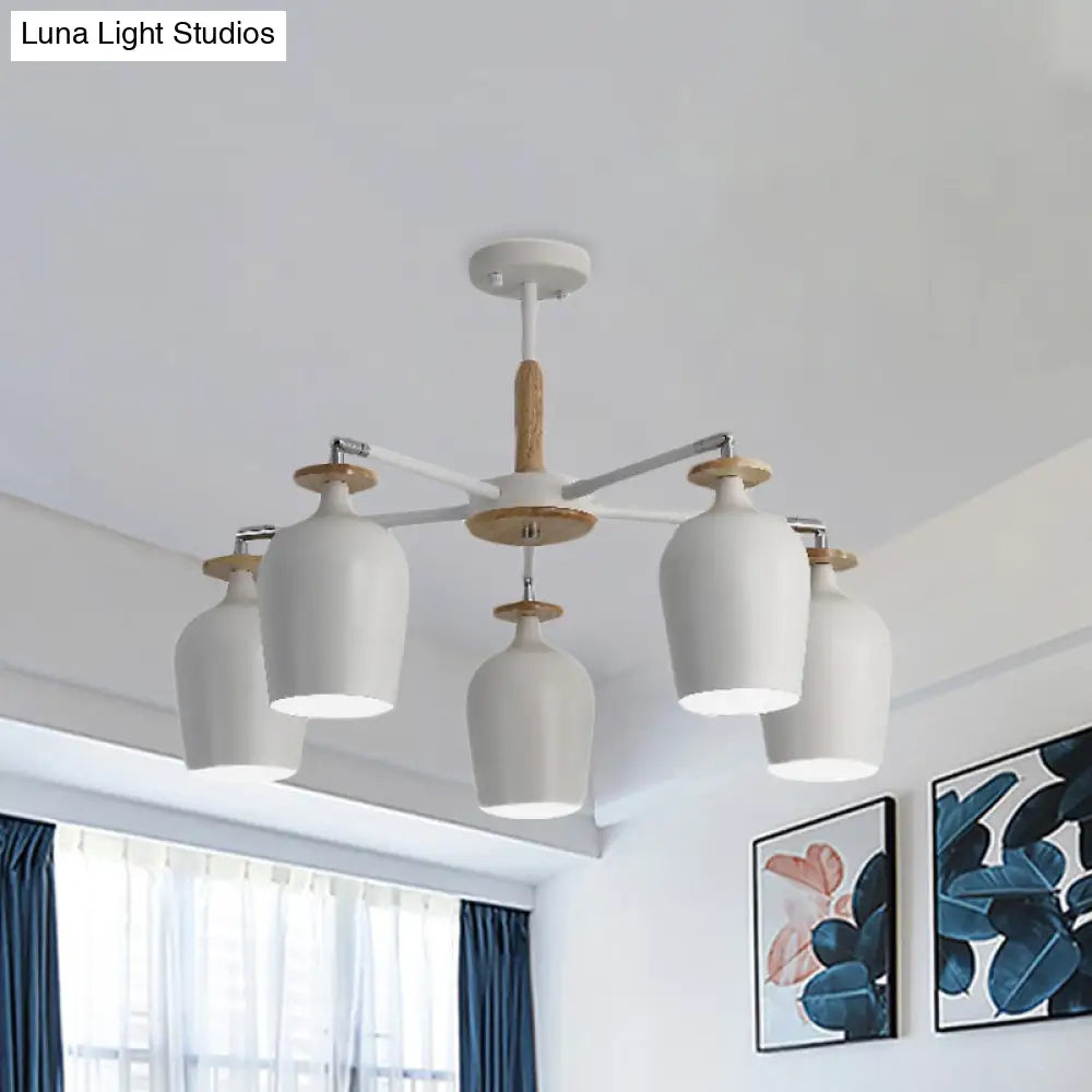 Contemporary Wine Glass Iron Semi Flush Mount Light With Wooden Cap - 5/10 Lights White