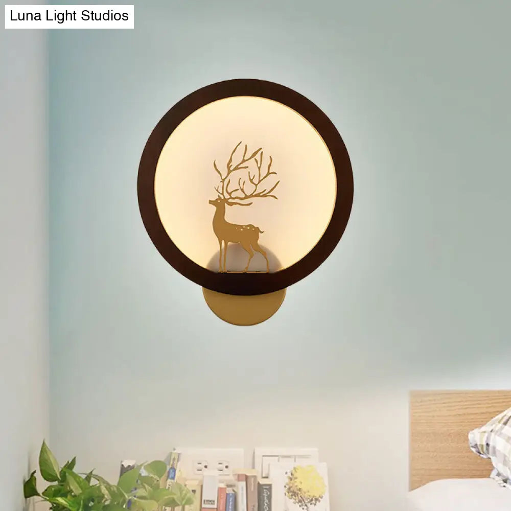 Contemporary Wood Halo Ring Led Wall Sconce Black/Beige With Sika Deer Silhouette