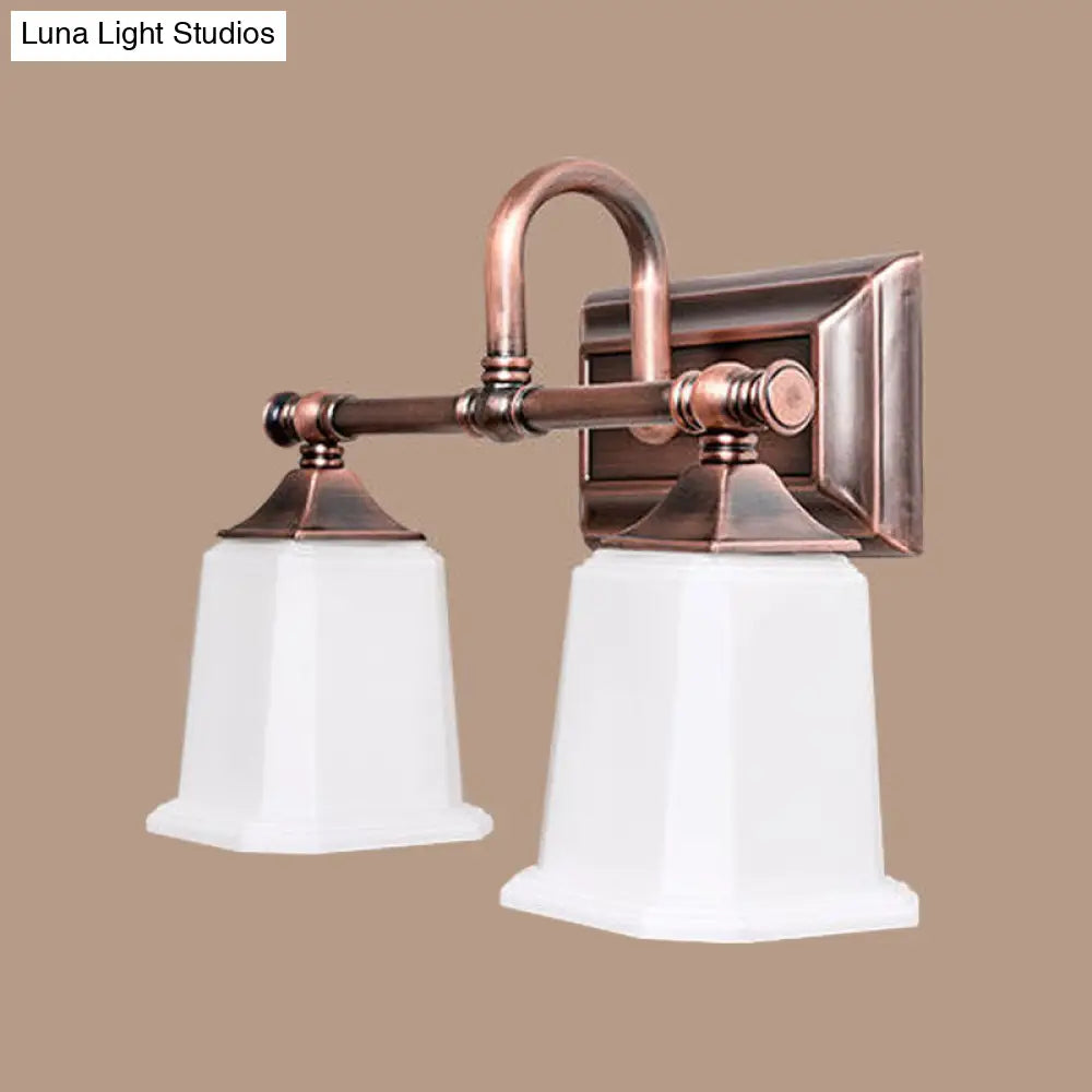 Copper 2/3-Head Vanity Light Traditional Ivory Glass Wall Lighting For Bathroom With Twist Arm