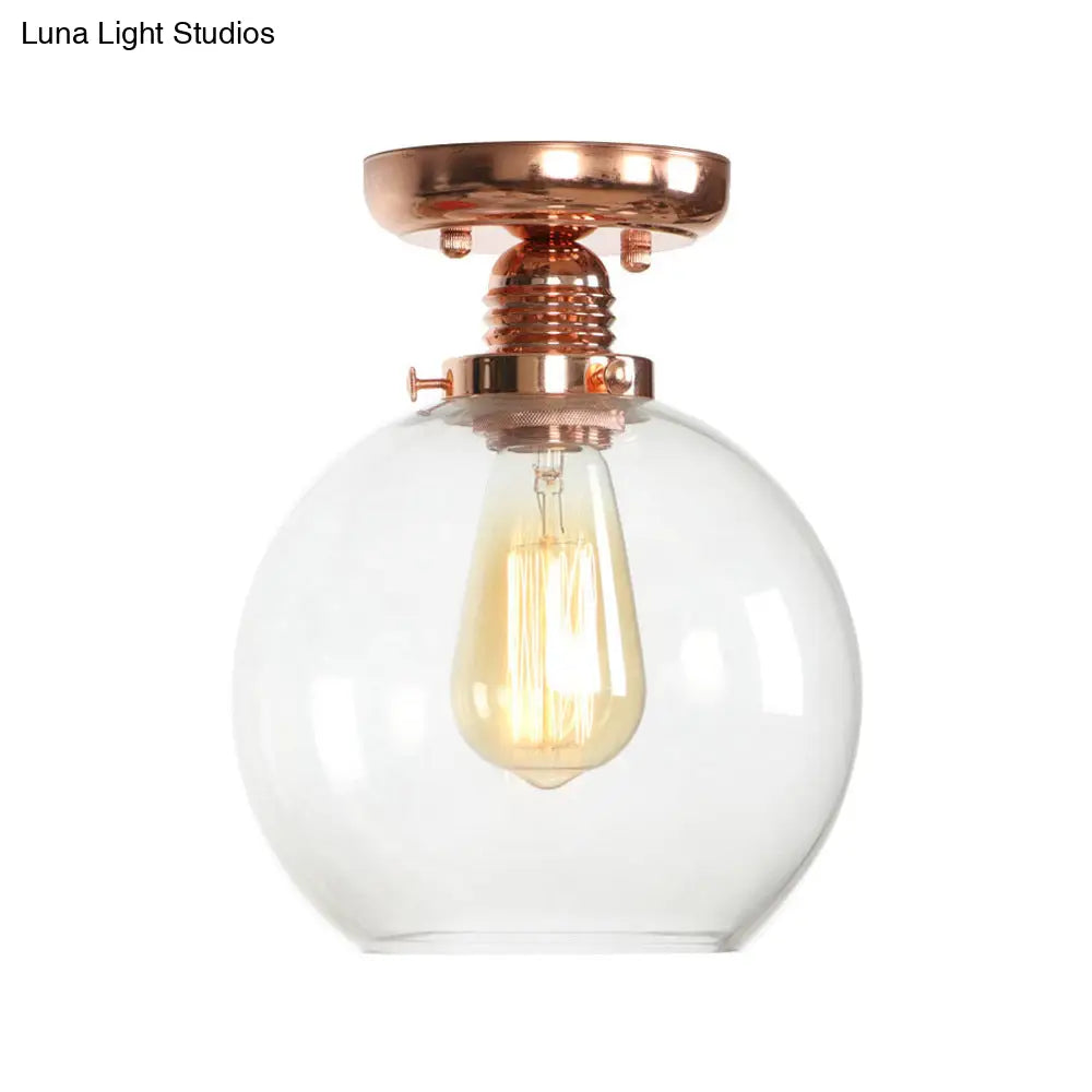 Copper Ceiling Semi Flush Light With Clear Glass Globe Shade - Industrial Style
