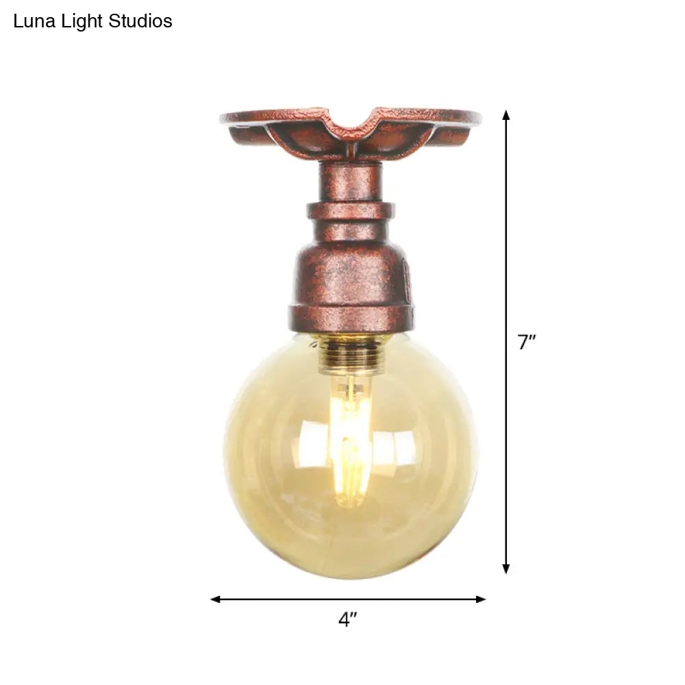 Copper Finish Semi Flush Mount Vintage Ceiling Lamp With Amber Glass Orb