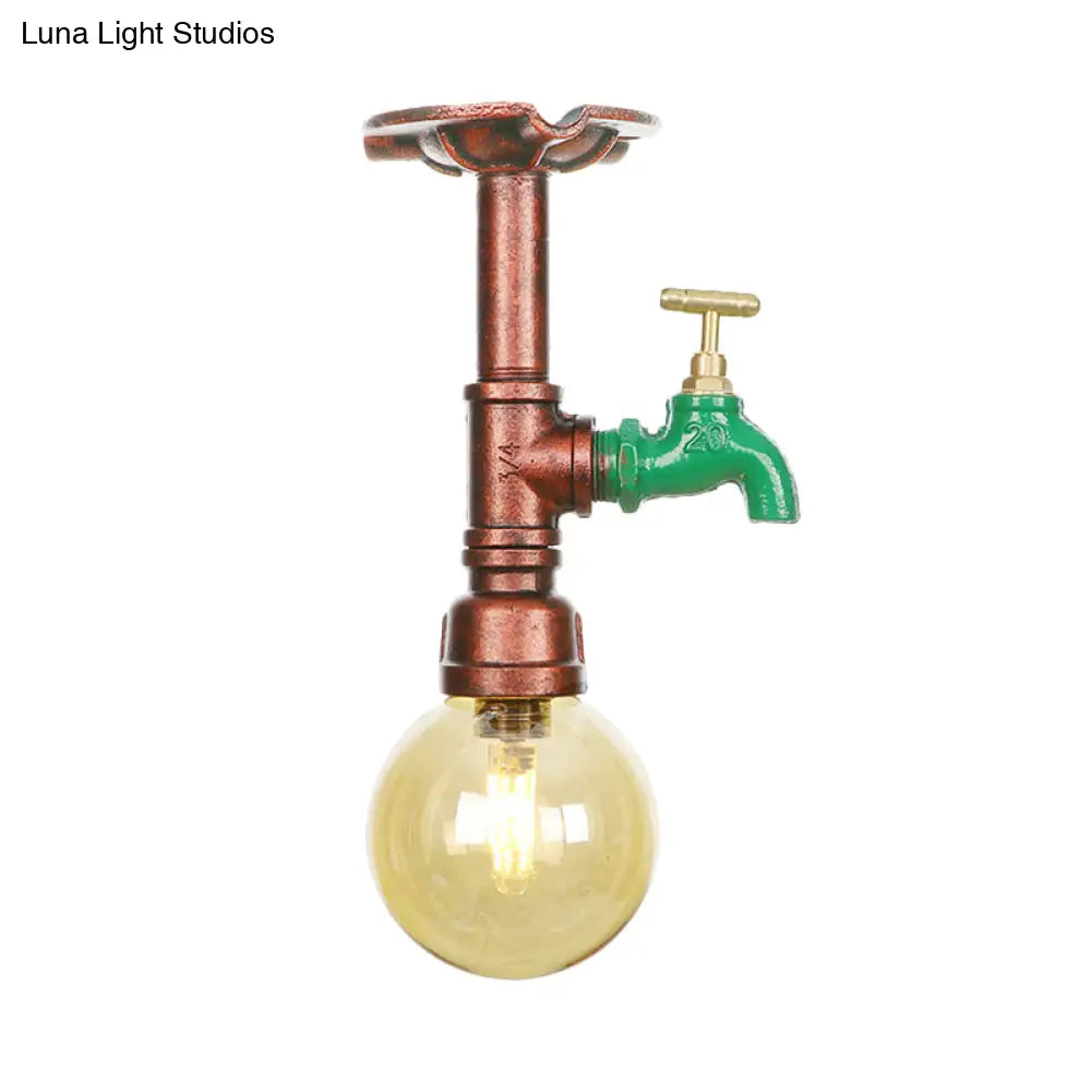 Copper Finish Semi Flush Mount Vintage Ceiling Lamp With Amber Glass Orb