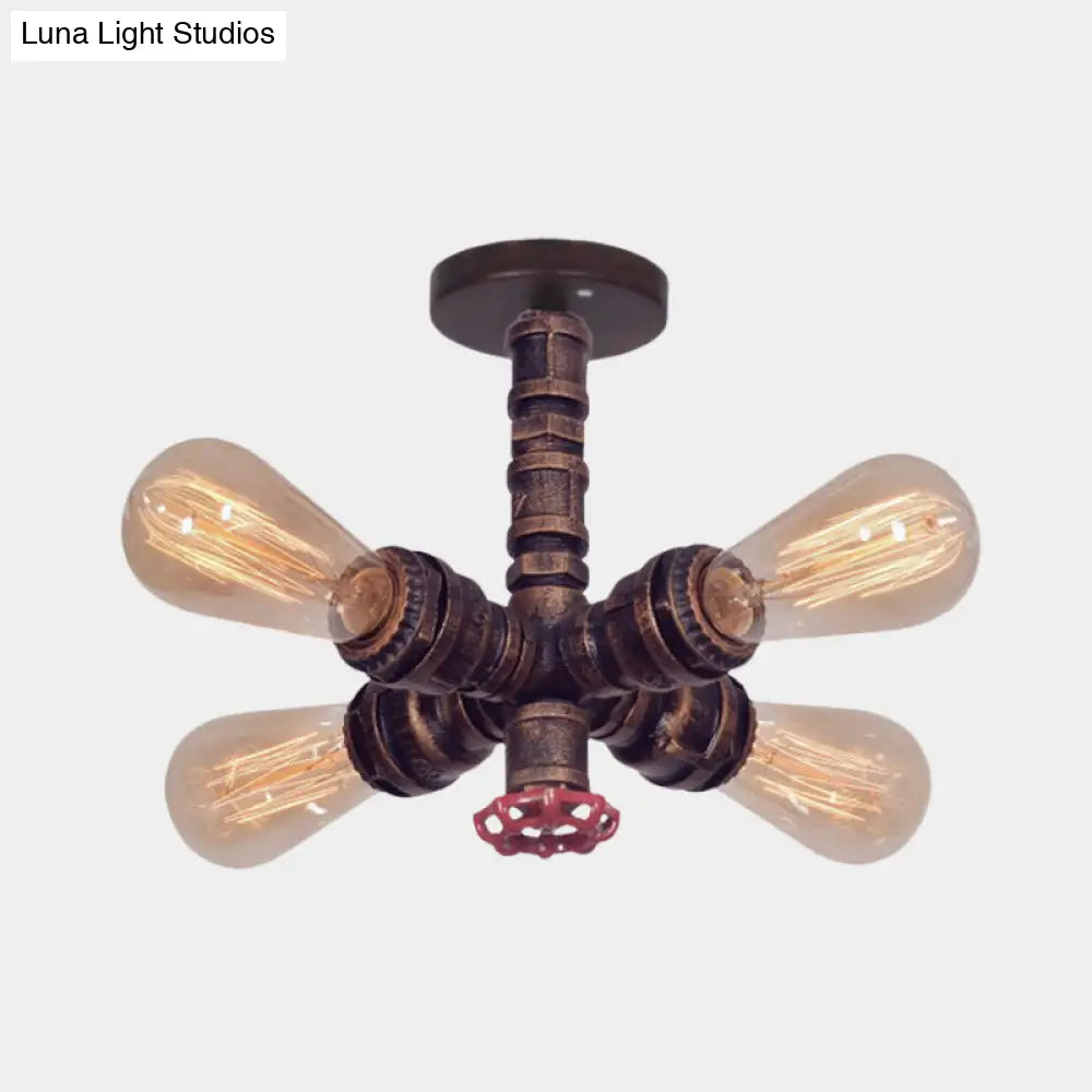 Copper Vintage Metal Sputnik Pipe Flushmount Lighting Fixture - 4 Lights Semi Flush Valve Deco