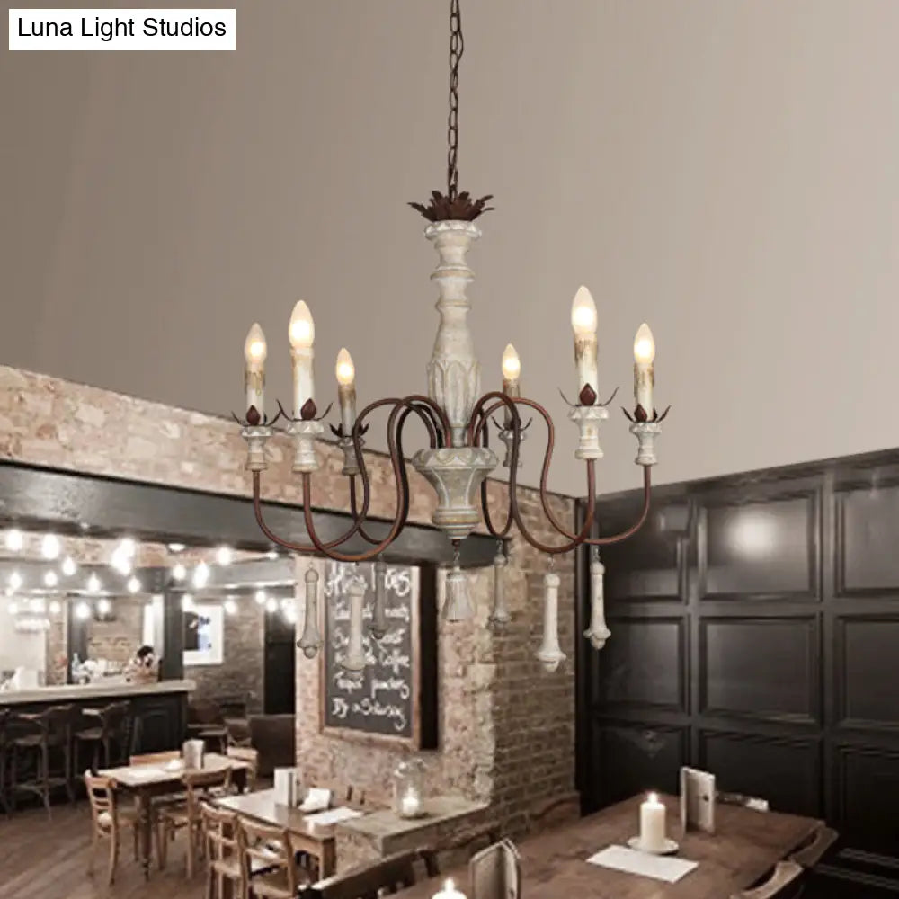 Country Distressed Wood Pendant Chandelier With Scrolled Arm - Living Room Hanging Light Kit