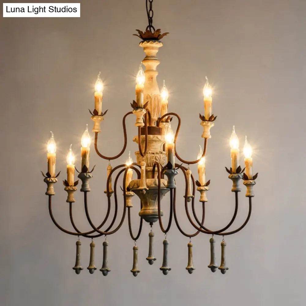 Country Distressed Wood Pendant Chandelier With Scrolled Arm - Living Room Hanging Light Kit
