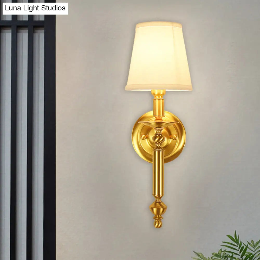 Country Fabric Tapered Wall Lighting: Single Light Brass Mounted Lamp With Metallic Arm