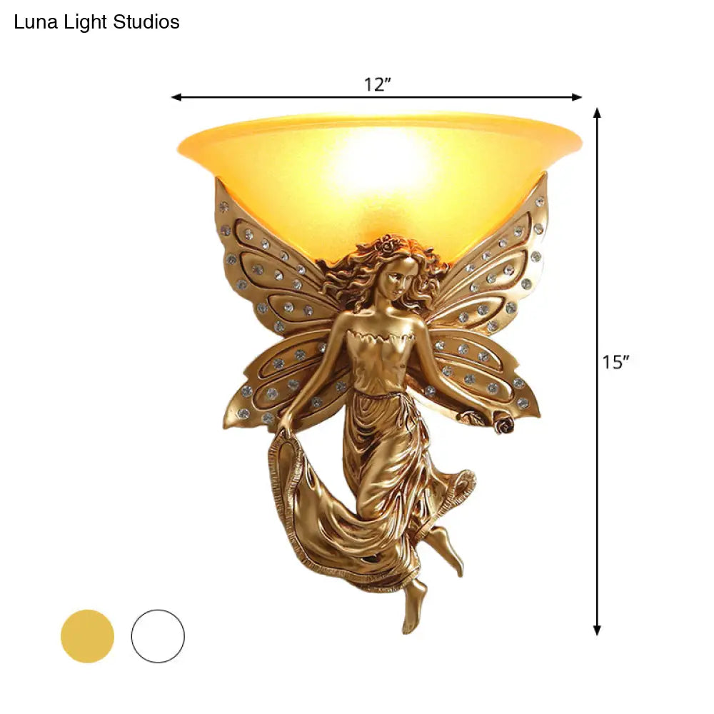 Country Half-Bowl Opal Glass Wall Sconce With Resin Angel - White/Gold