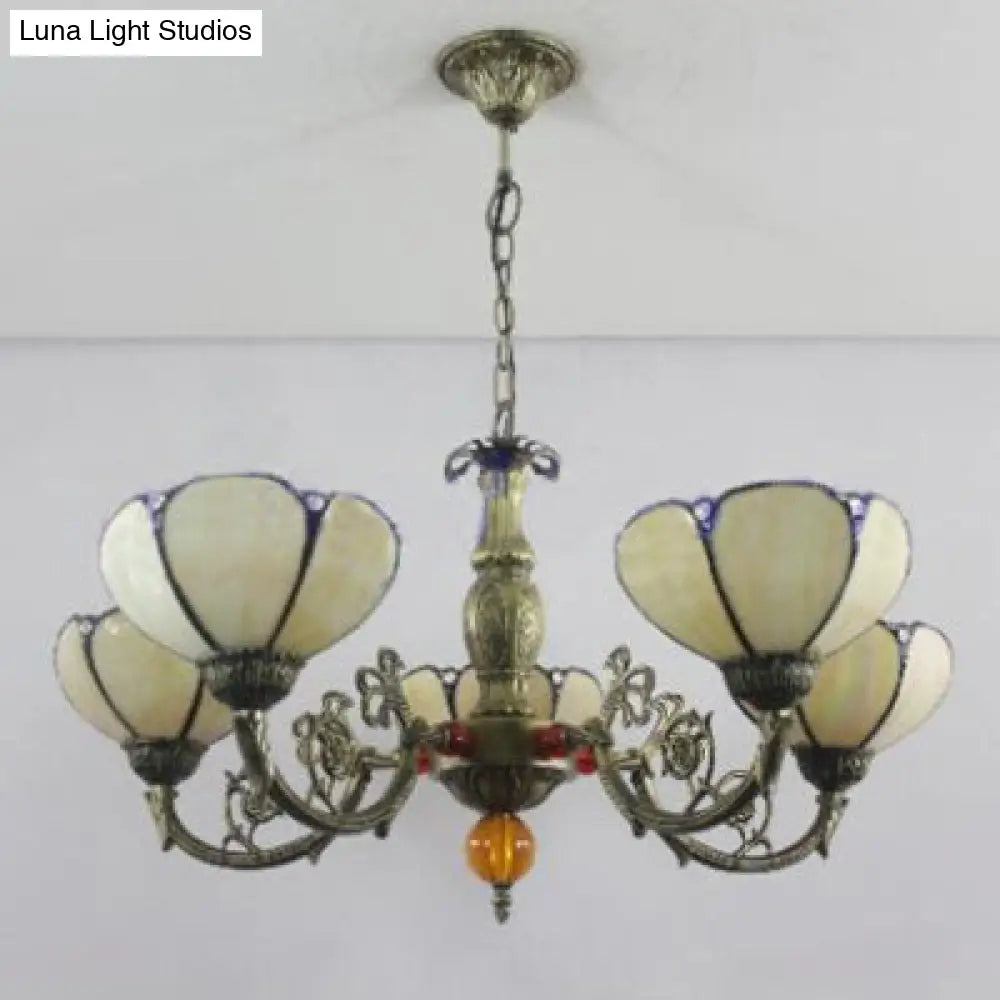 Country Stained Glass Pendant Chandelier With 5-Light Bowl Fixture For Living Room