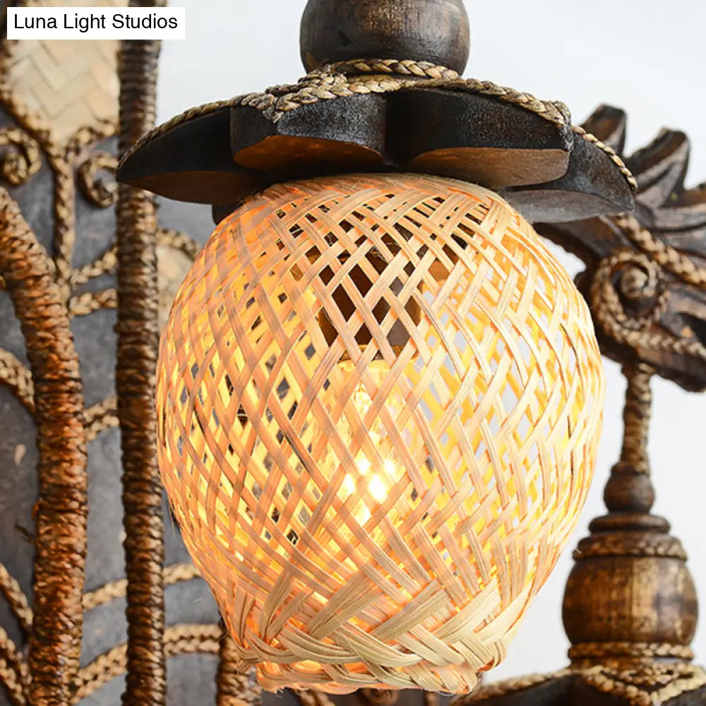Country Stairway Wall Sconce With Melon Bamboo Shade In Brown - Lighting Fixture