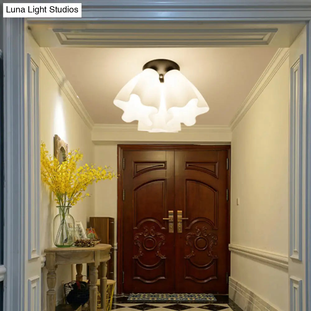 Country Style Floral Foyer Flush Mount Ceiling Light With White Glass